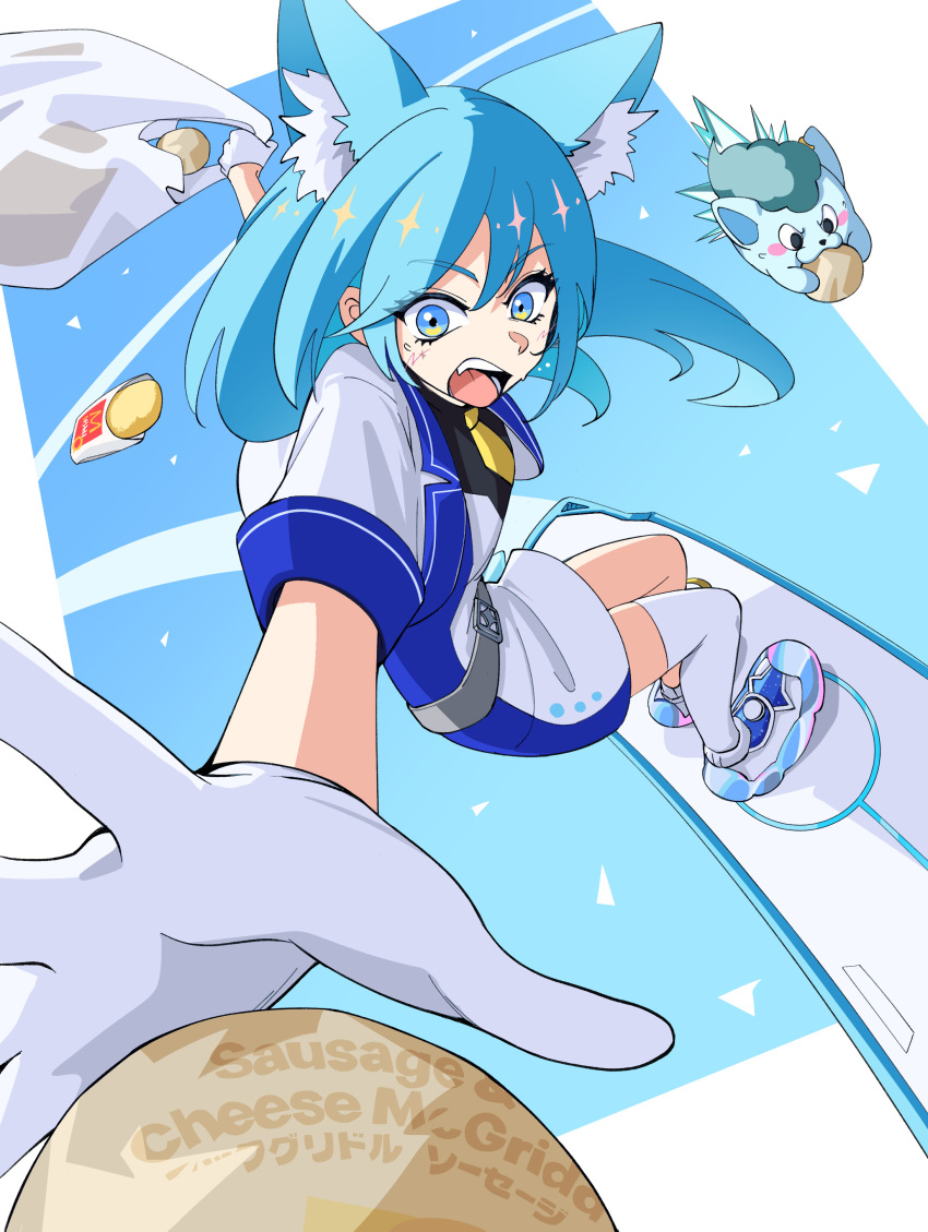 1girl, absurdres, animal_ear_fluff, animal_ears, asymmetrical_legwear, bag, blue_background, blue_dress
