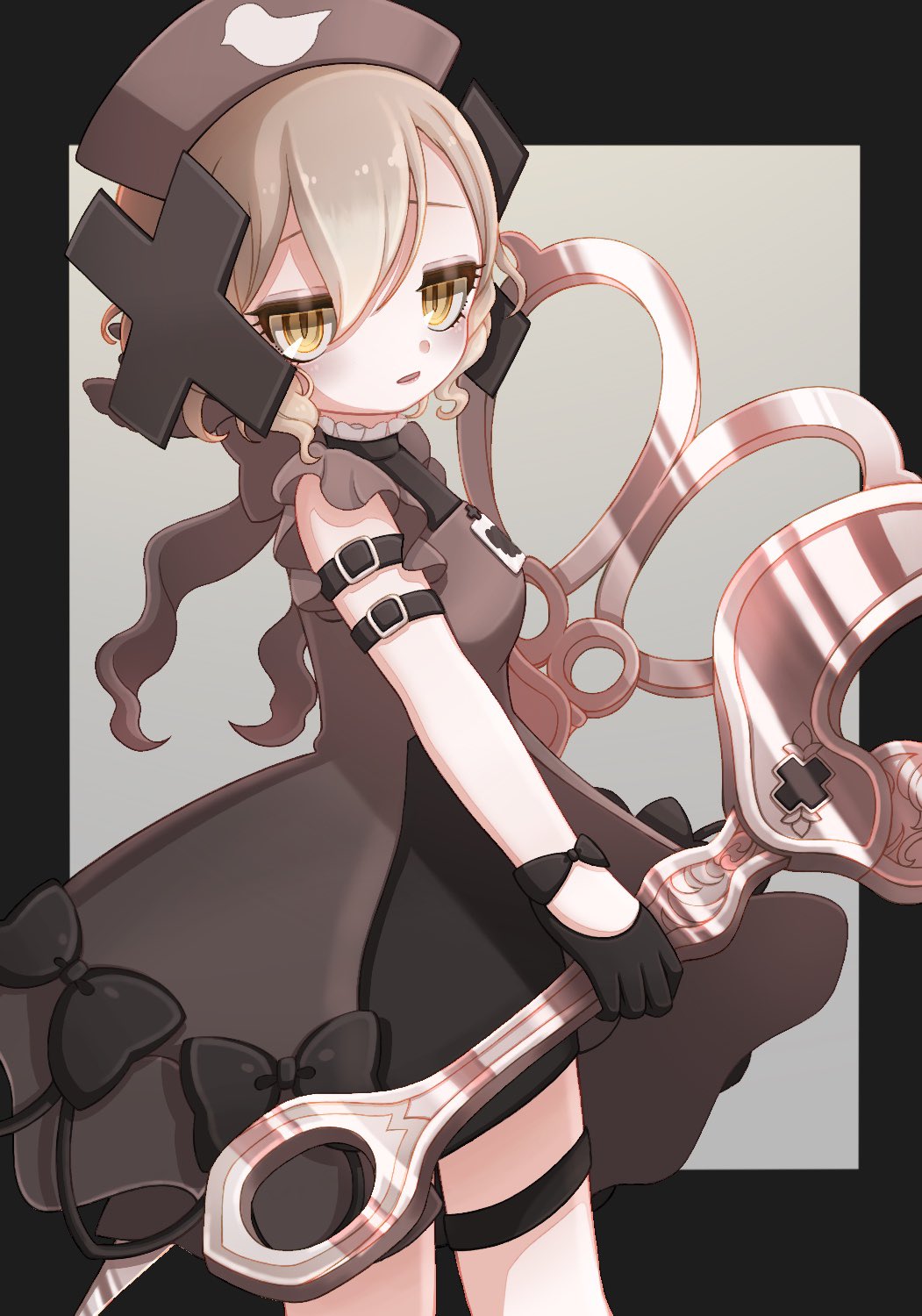 1girl, black_bow, black_bowtie, black_gloves, bow, bowtie, cross_ornament, gloves