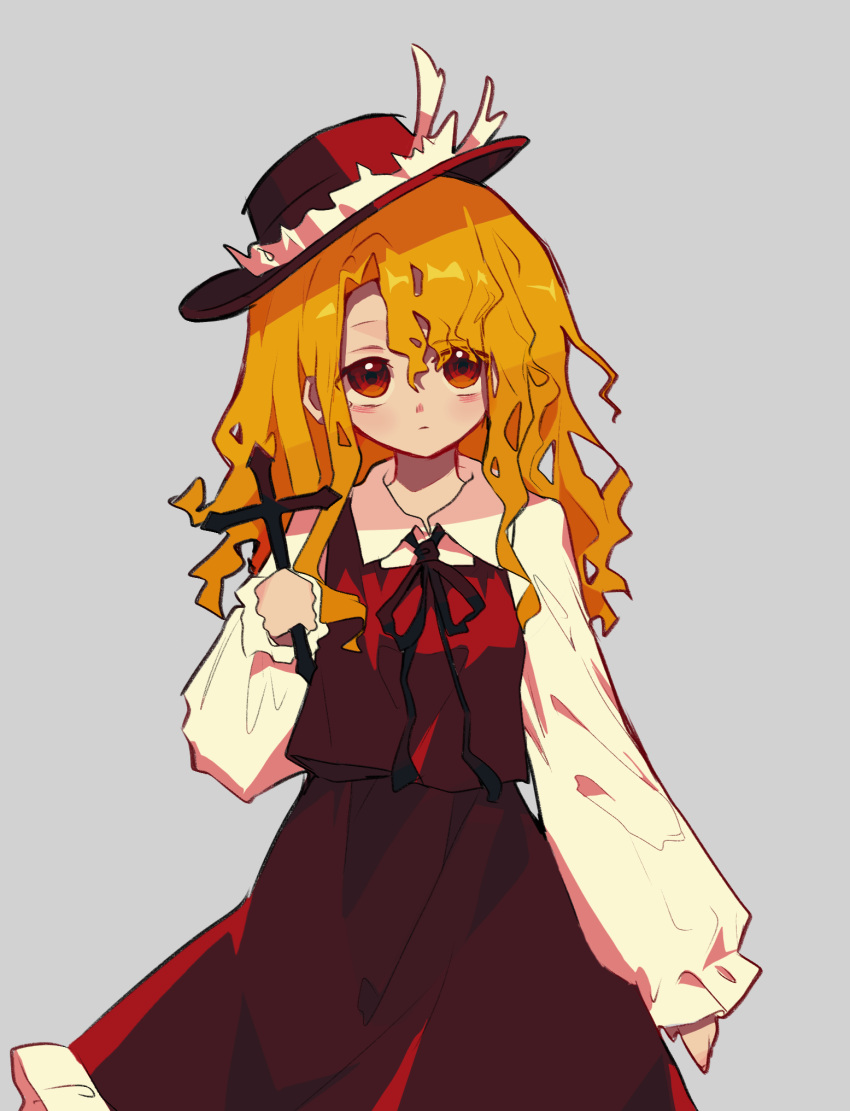1girl, arm_at_side, blonde_hair, brown_eyes, brown_hat, brown_skirt, brown_vest, chinese_commentary