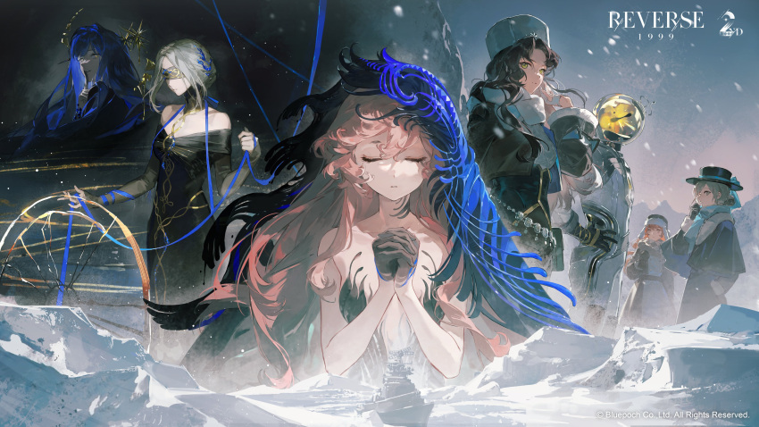 1boy, 6+girls, absurdres, arcana_(reverse:1999), bare_arms, bare_shoulders, black_coat, black_dress