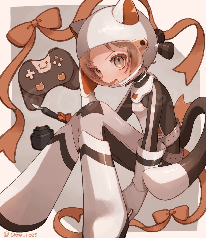 1girl, animal_ears, bow, bowtie, brown_hair, controller, fake_animal_ears, game_controller