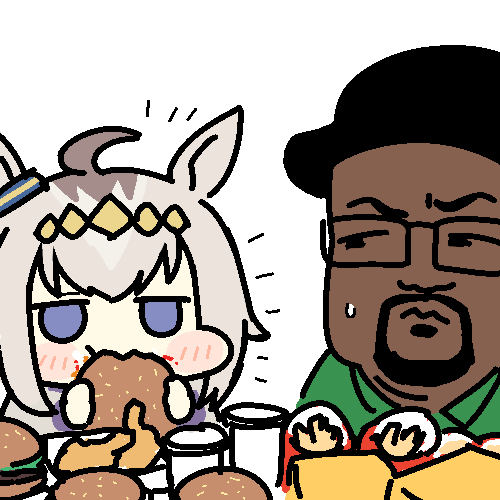 1boy, 1girl, animal_ears, beard, big_smoke, burger, chibi, chibi_only, chicken_(food), commentary, connected_beard, crossover, dark-skinned_male, dark_skin, drink, ear_ornament, facial_hair, food, food_on_face, fried_chicken, furrowed_brow, grand_theft_auto, grand_theft_auto:_san_andreas, green_shirt, grey_hair, hairband, holding, holding_burger, holding_food, horse_ears, horse_girl, jazz_jack, jitome, lowres, meme, multicolored_hair, oguri_cap_(umamusume), rectangular_eyewear, shirt, sideways_glance, sweatdrop, umamusume, violet_eyes, wide_face, yellow_hairband