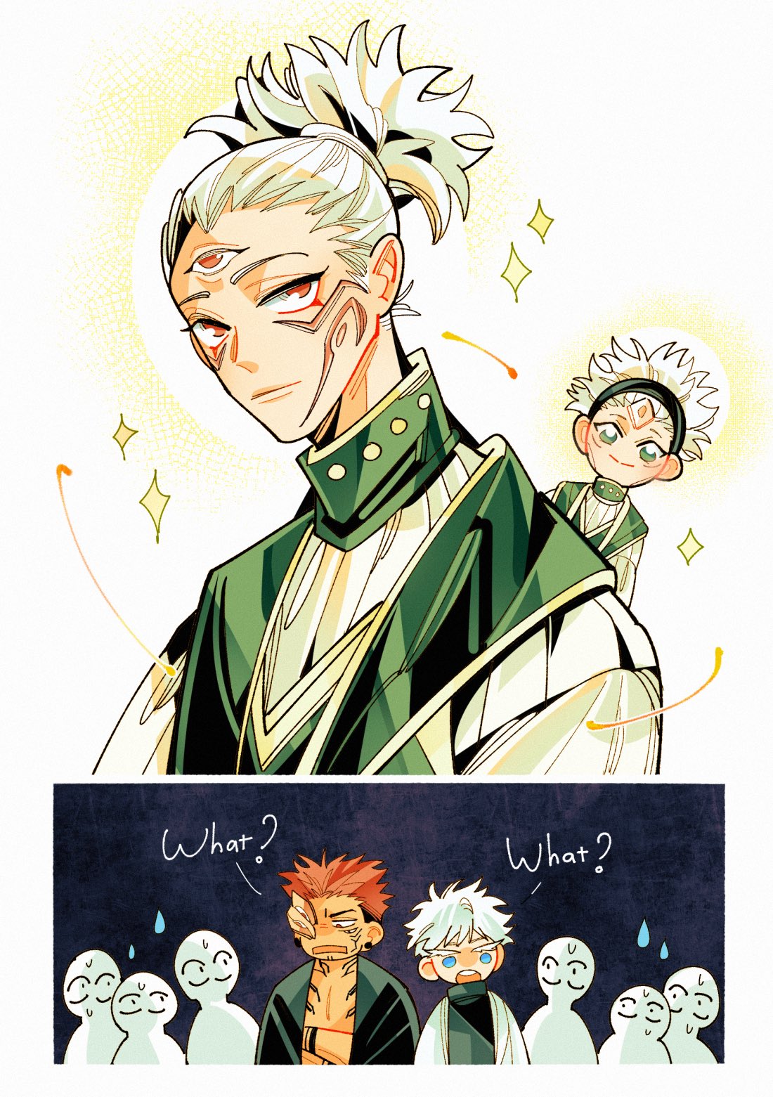 308albi, 4boys, 6+others, alien, annoyed, bandaid_on_eye, blue_eyes, english_text