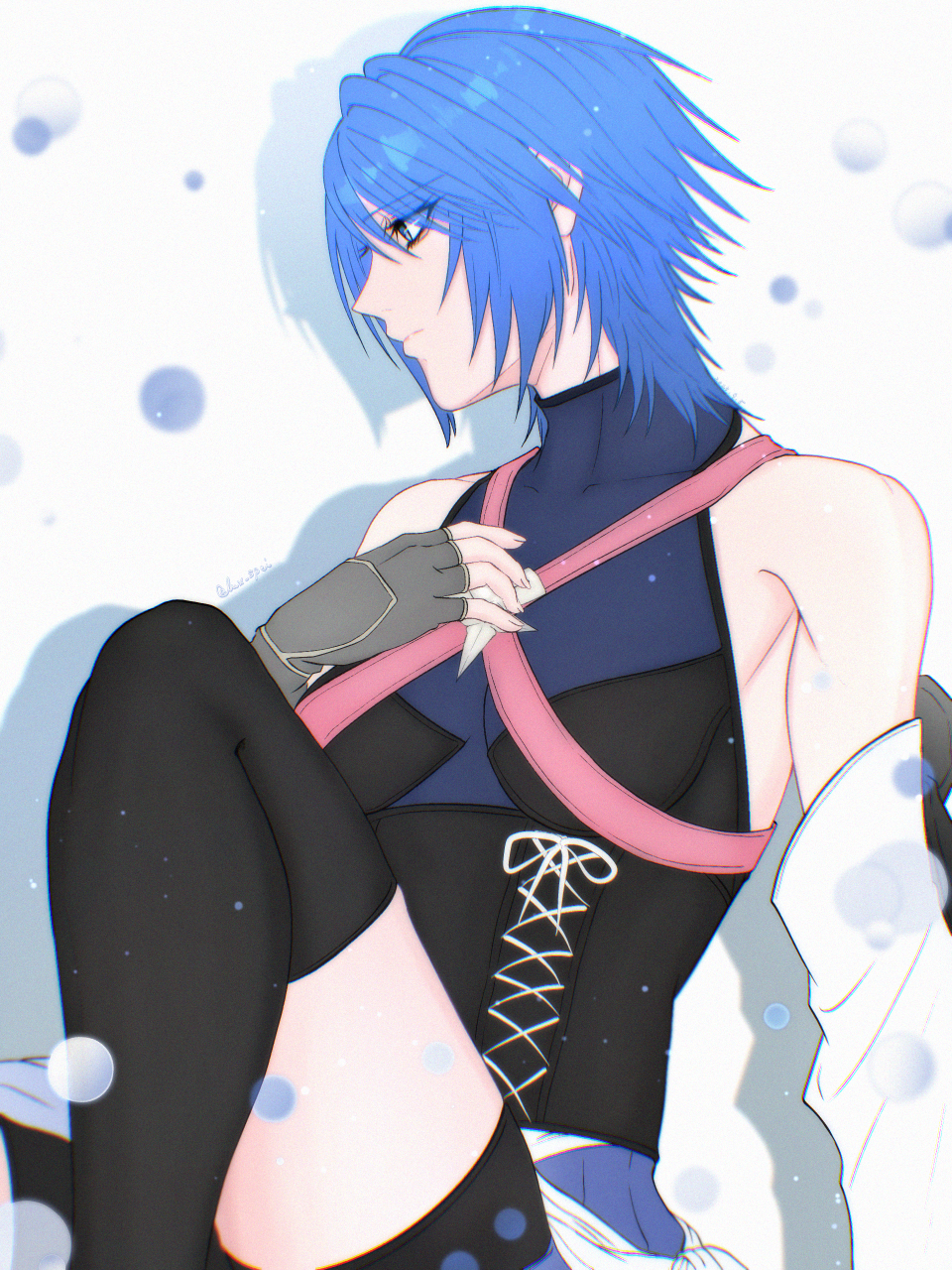 1girl, aqua_(kingdom_hearts), black_thighhighs, blue_eyes, blue_hair, bubble, highres, kingdom_hearts