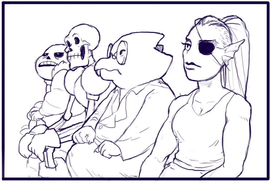 2015, 2boys, 2d, 2girls, alphys, anthro, armor, black_eyepatch