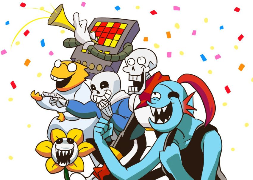 2016, 2d, 2girls, 4boys, alphys, anthro, armor, black_eyepatch, black_shorts, black_tank_top, blue_jacket, blue_pants, blue_shorts, blue_skin, brothers, buck_teeth, cape, clenched_hands, coat, colored_sclera, digital_media, dinosaur, dinosaur_girl, ear_fins, excited, eyepatch, female, fins, fish, fish_girl, flower, flowey_(undertale), gaijin_4koma_(meme), glasses, gloves, hareta_misora, head_fins, high_ponytail, hollow_eyes, hood, hood_down, hooded_jacket, humanoid, jacket, lab_coat, lizard, lizard_girl, long_hair, male, meme, mettaton, mettaton_(box), monster, monster_boy, monster_girl, multiple_boys, multiple_girls, non-humanoid_robot, open_clothes, open_jacket, open_mouth, pants, papyrus_(undertale), plant, ponytail, red_cape, red_gloves, red_hair, reptile, reptile_girl, robot, robot_boy, sans_(undertale), scalie, sharp_teeth, shirt, shorts, siblings, simple_background, skeleton, slit_pupils, striped_shorts, tank_top, teeth, undead, undertale, undyne, utdr_(toby_fox), vertical-striped_clothes, vertical-striped_shorts, white_armor, white_background, white_coat, white_gloves, white_hood, white_shirt, white_stripes, yellow_flower, yellow_sclera, yellow_skin, yellow_teeth