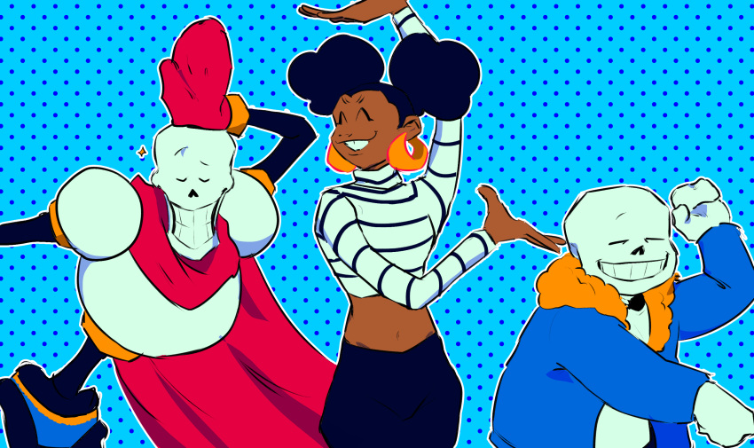 1girl, 2020, 2boys, 2d, =_=, ^_^, afro_puffs, aqua_background