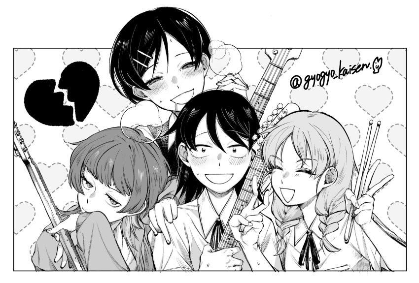 4girls, :d, ^_^, bass_guitar, behind_another, blunt_bangs, blush, braid