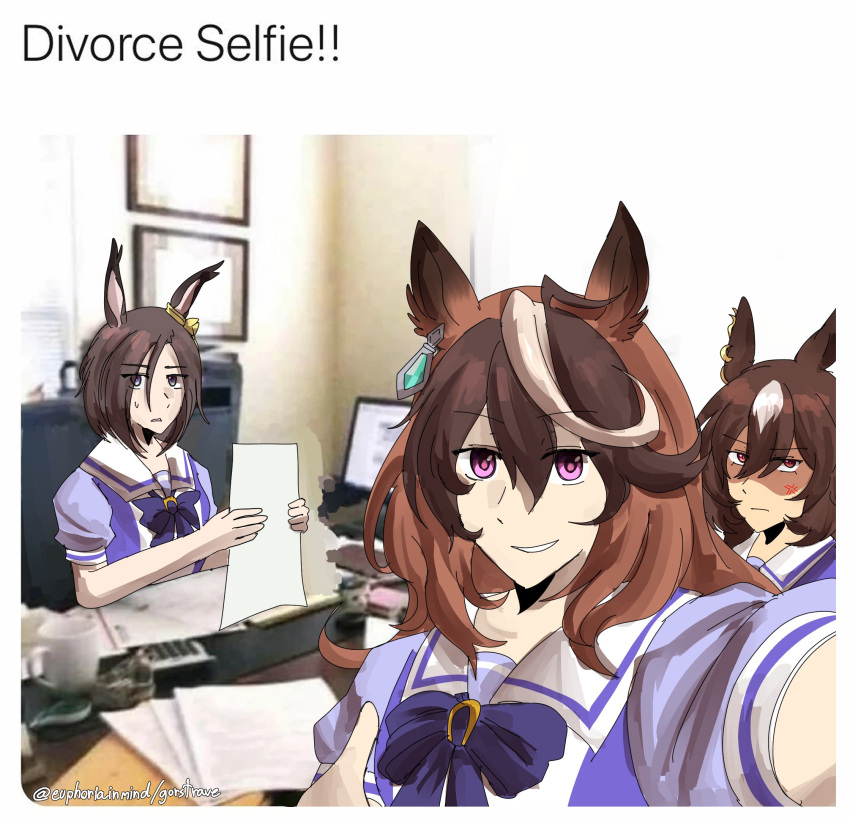 3girls, :|, air_groove_(umamusume), anger_vein, angry, animal_ears, blue_eyes, bow