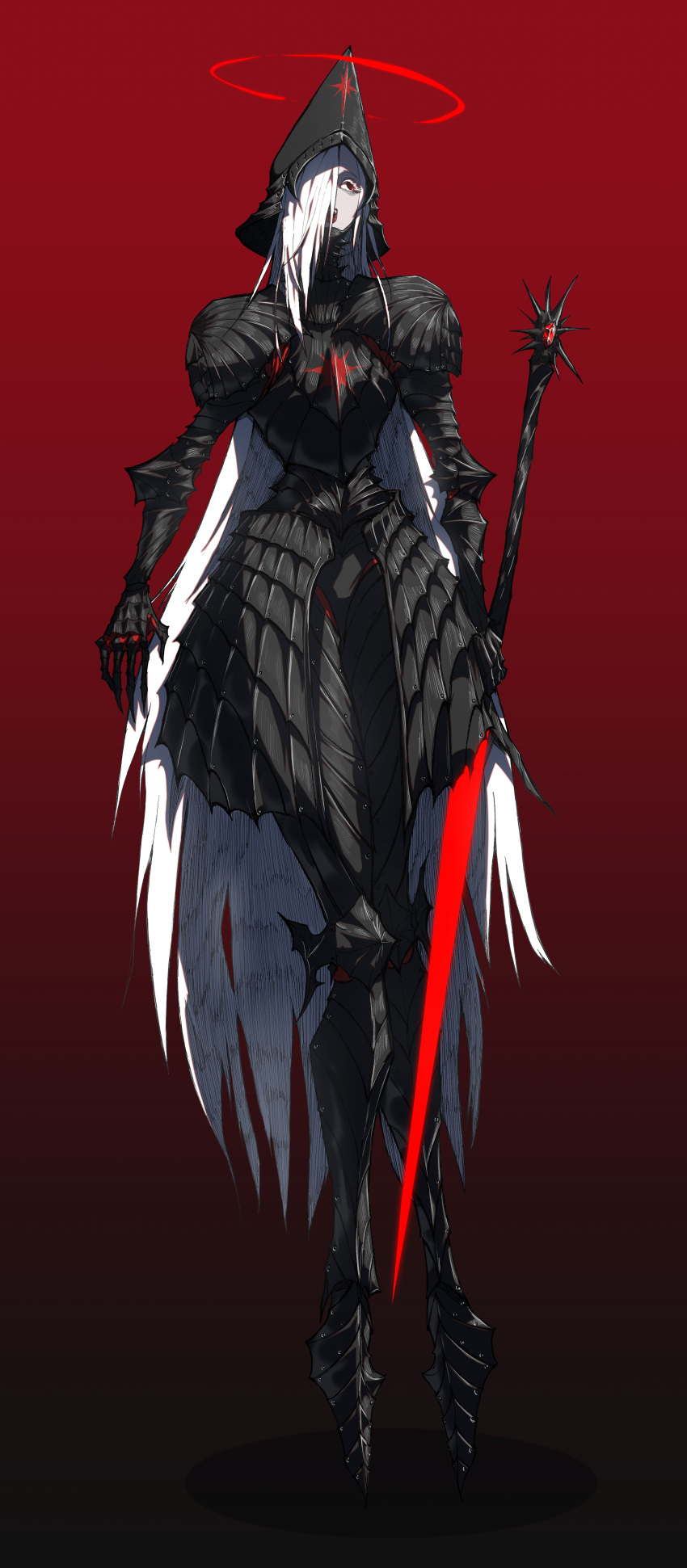 1girl, absurdres, armor, black_armor, black_background, breastplate, faulds, full_armor