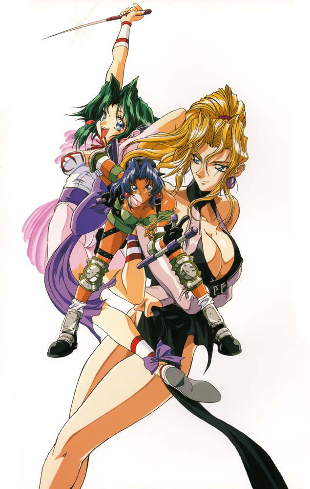 90s, battle_arena_toshinden, blonde_hair, blue_eyes, blue_hair, breasts, cleavage, crossed_arms, dark_skin, earrings, elbow_guards, elbow_pads, ellis_(battle_arena_toshinden), green_hair, jewelry, knee_guards, knee_pads, knife, kotobuki_tsukasa, large_breasts, legs, long_legs, multiple_girls, official_art, open_mouth, simple_background, sofia, thigh_strap, thighs, tonfa, tracy_(battle_arena_toshinden), weapon, white_background, yokota_mamoru