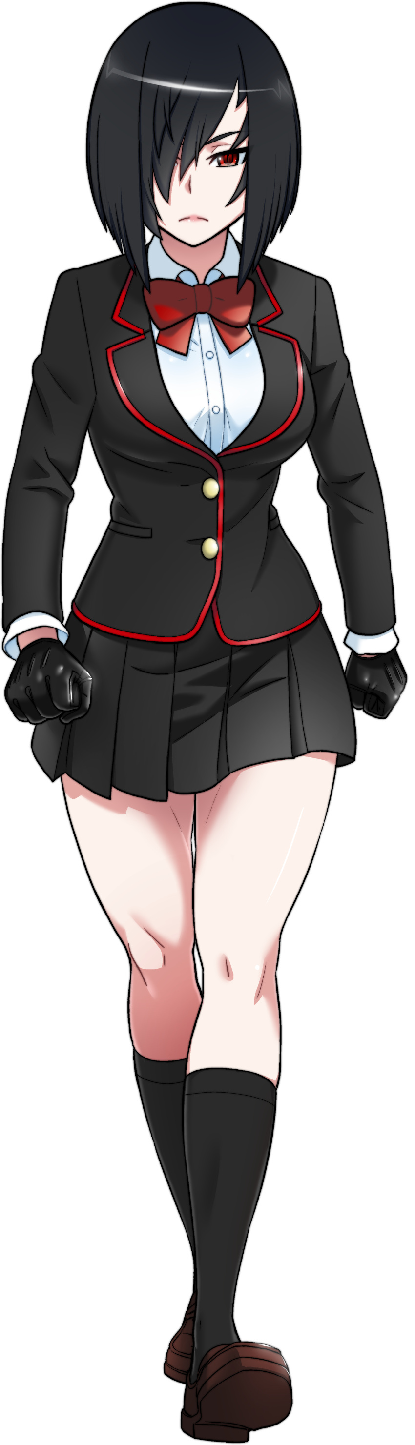 1girl, absurdres, aged_up, alternate_hairstyle, black_gloves, black_hair, black_skirt, black_socks