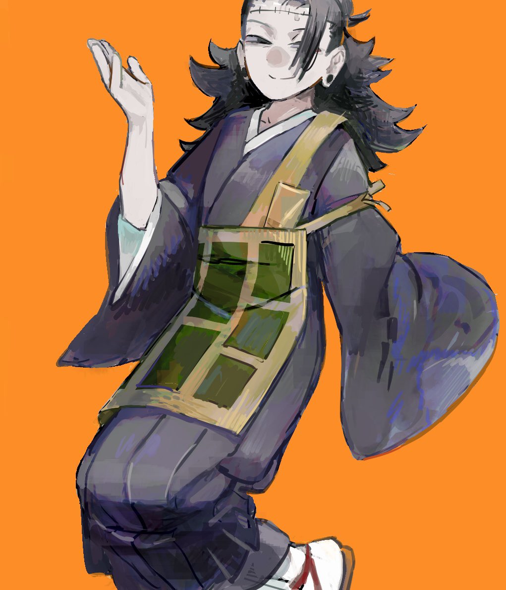 1boy, black_eyes, black_hair, black_kimono, black_robe, ear_piercing, getou_suguru, getou_suguru_(kenjaku)