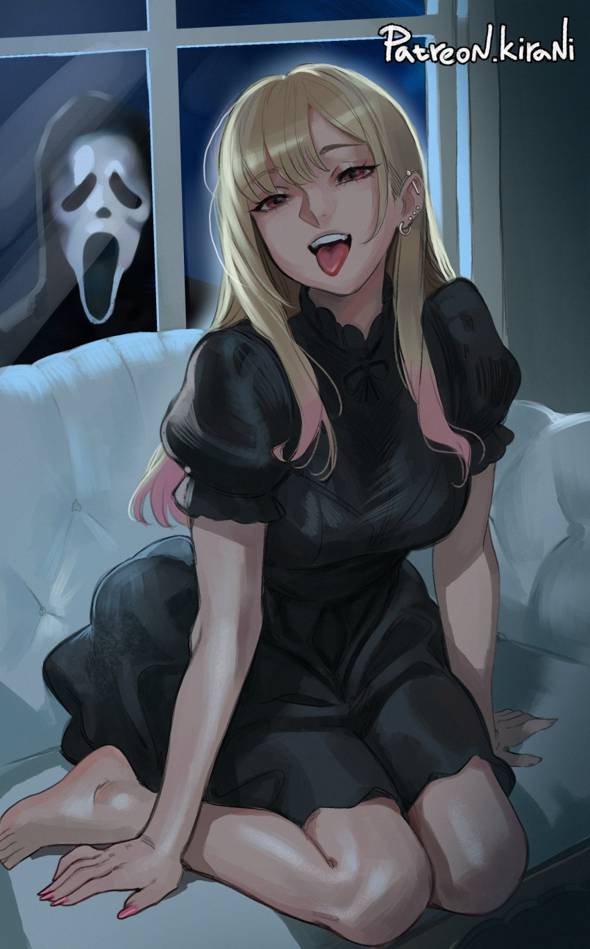 1girl, 1other, :p, arm_support, barbell_piercing, barefoot, black_dress, blonde_hair