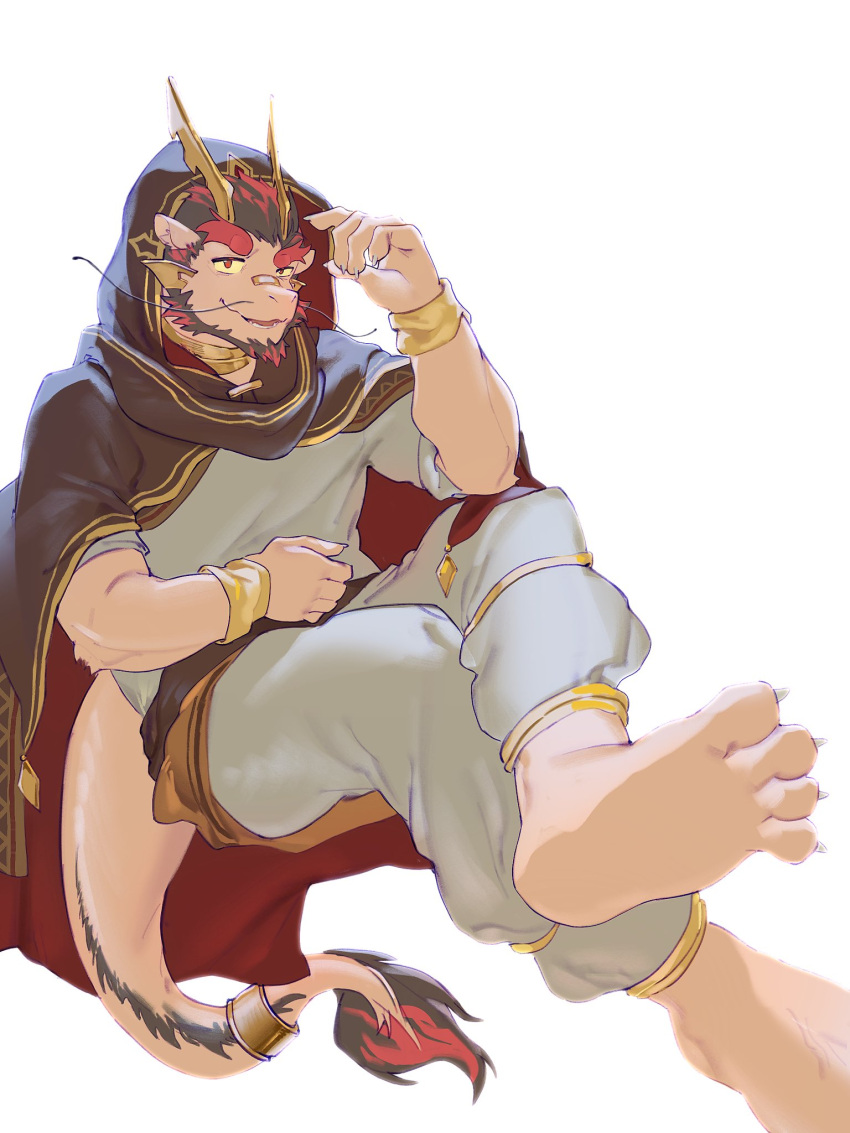 1boy, barefoot, beard, chinese_commentary, claws, cloak, commentary_request, del_687
