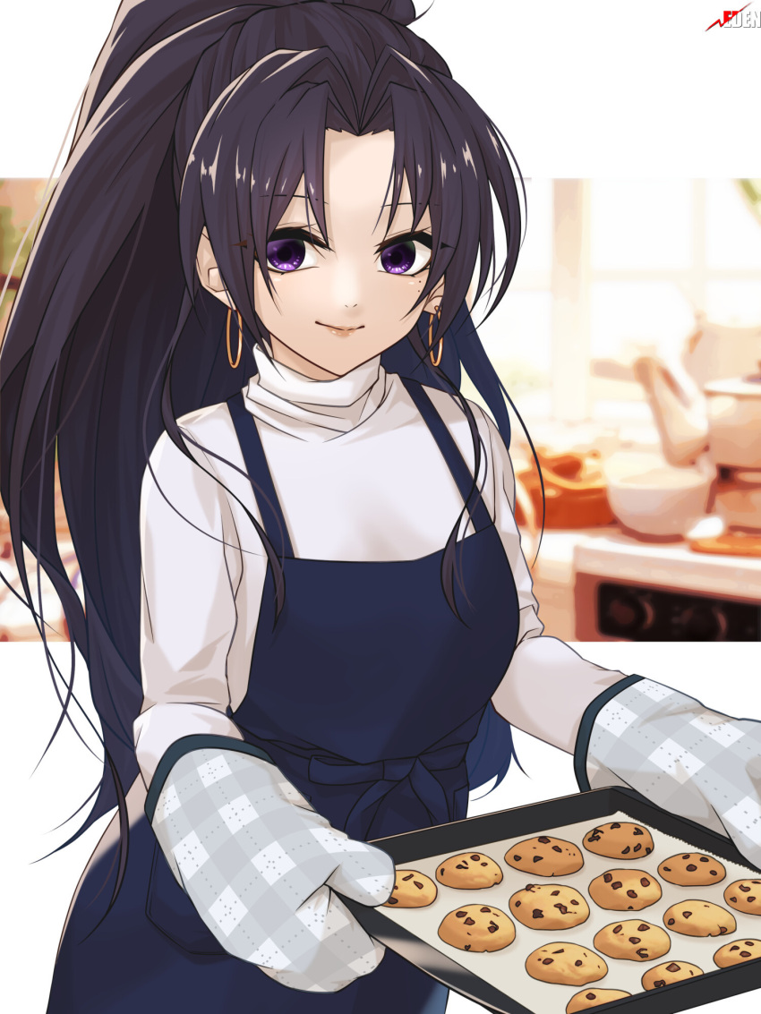 1girl, apron, baking_sheet, black_hair, blurry, blurry_background, cookie, copyright_name