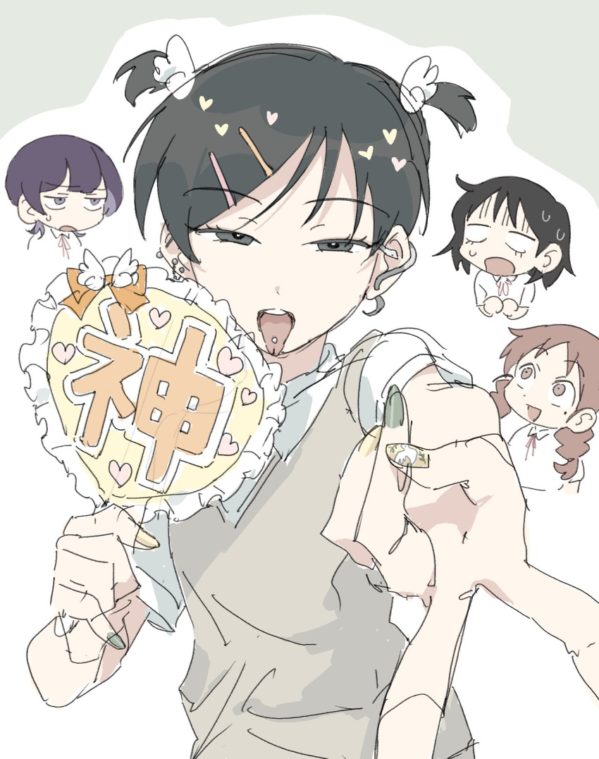 4girls, :d, alternate_hairstyle, black_hair, blank_eyes, braid, brown_hair, brown_sweater_vest, commentary_request, ear_piercing, foreshortening, frilled_hand_fan, frills, fujii_ayame, futsuu_no_keion-bu, green_nails, grey_eyes, gyaru, gyaru_v, hair_ornament, hairpin, half-closed_eyes, hand_fan, hand_fan_writing, hatono_chihiro, heart, heart_hair_ornament, heartbreak_(futsuu_no_keion-bu), highres, holding, holding_fan, jitome, kouyama_rin, looking_at_viewer, maha_(hiz_55), mole, mole_under_eye, multiple_girls, neck_ribbon, open_mouth, out_of_character, paper_fan, piercing, print_fan, purple_hair, red_ribbon, ribbon, school_uniform, shaded_face, shirt, short_hair, short_sleeves, smile, sweater_vest, tongue, tongue_out, tongue_piercing, twin_braids, two_side_up, uchida_momo, uchiwa, upper_body, v, violet_eyes, white_shirt, wing_hair_ornament, yellow_nails