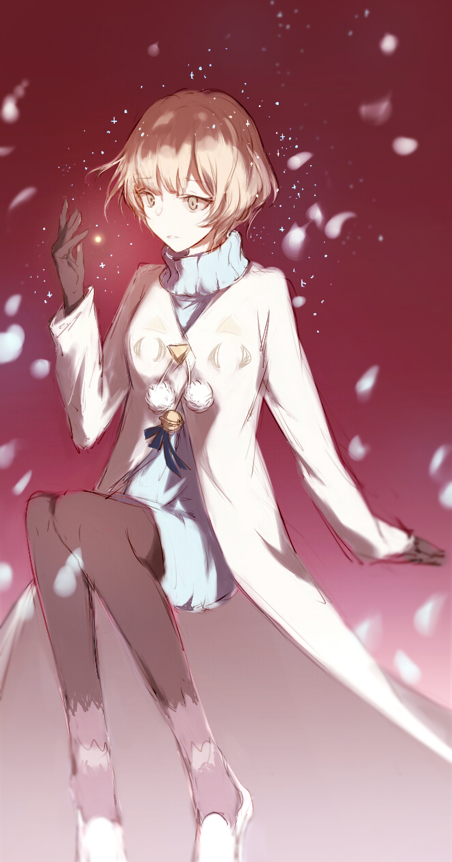 1girl, black_gloves, black_pantyhose, blonde_hair, blue_sweater, cat_eye_print, coat, dress