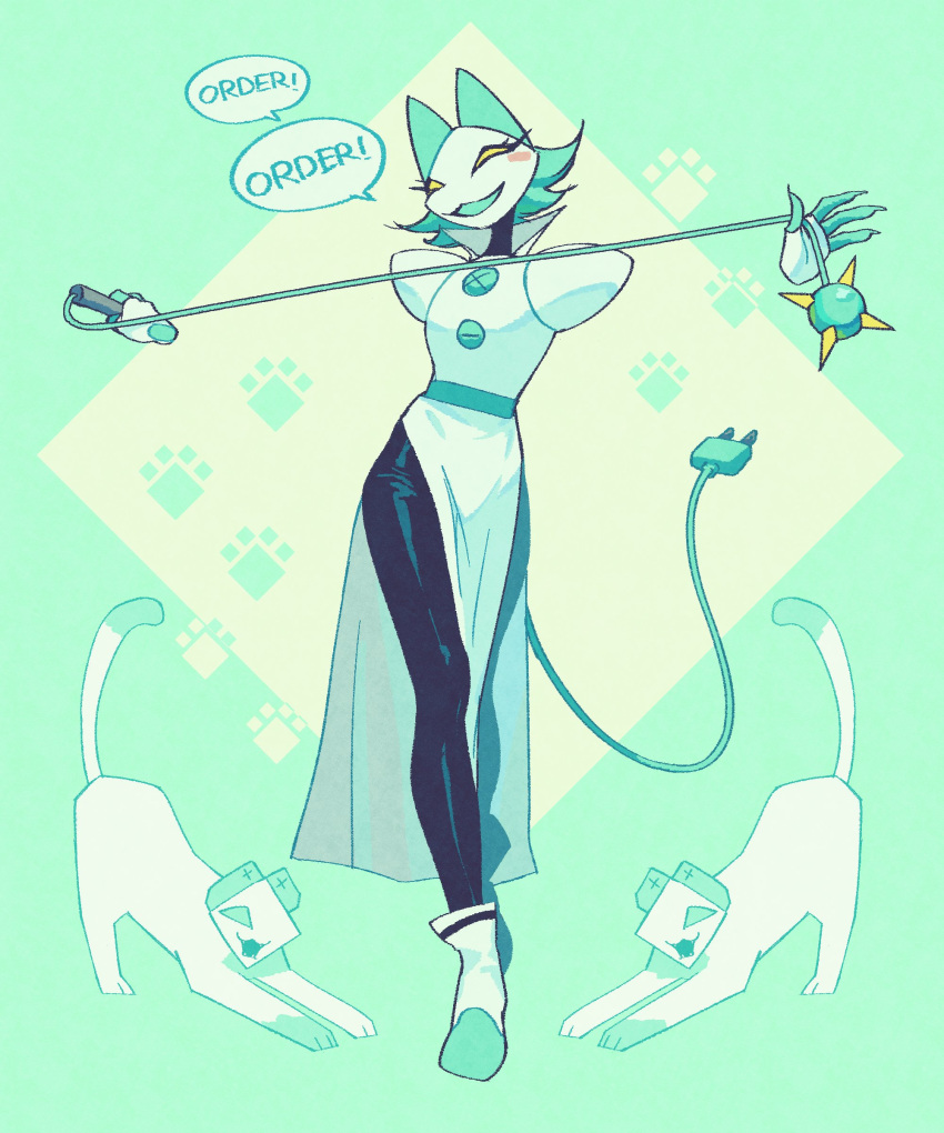 1girl, absurdres, animal_ears, black_pants, cable, cable_tail, cat, cat_ears