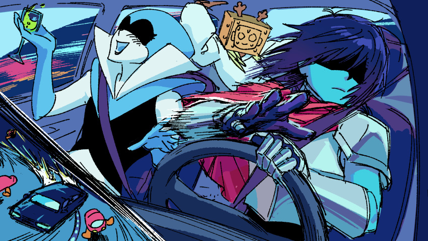 1other, 2girls, antlers, armor, blue_gloves, blue_hair, blue_skin, box