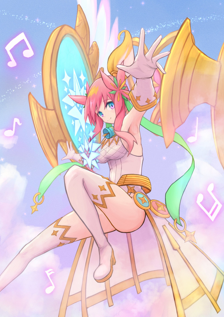 1girl, absurdres, armpits, bare_shoulders, beamed_eighth_notes, beamed_sixteenth_notes, bell, blonde_hair