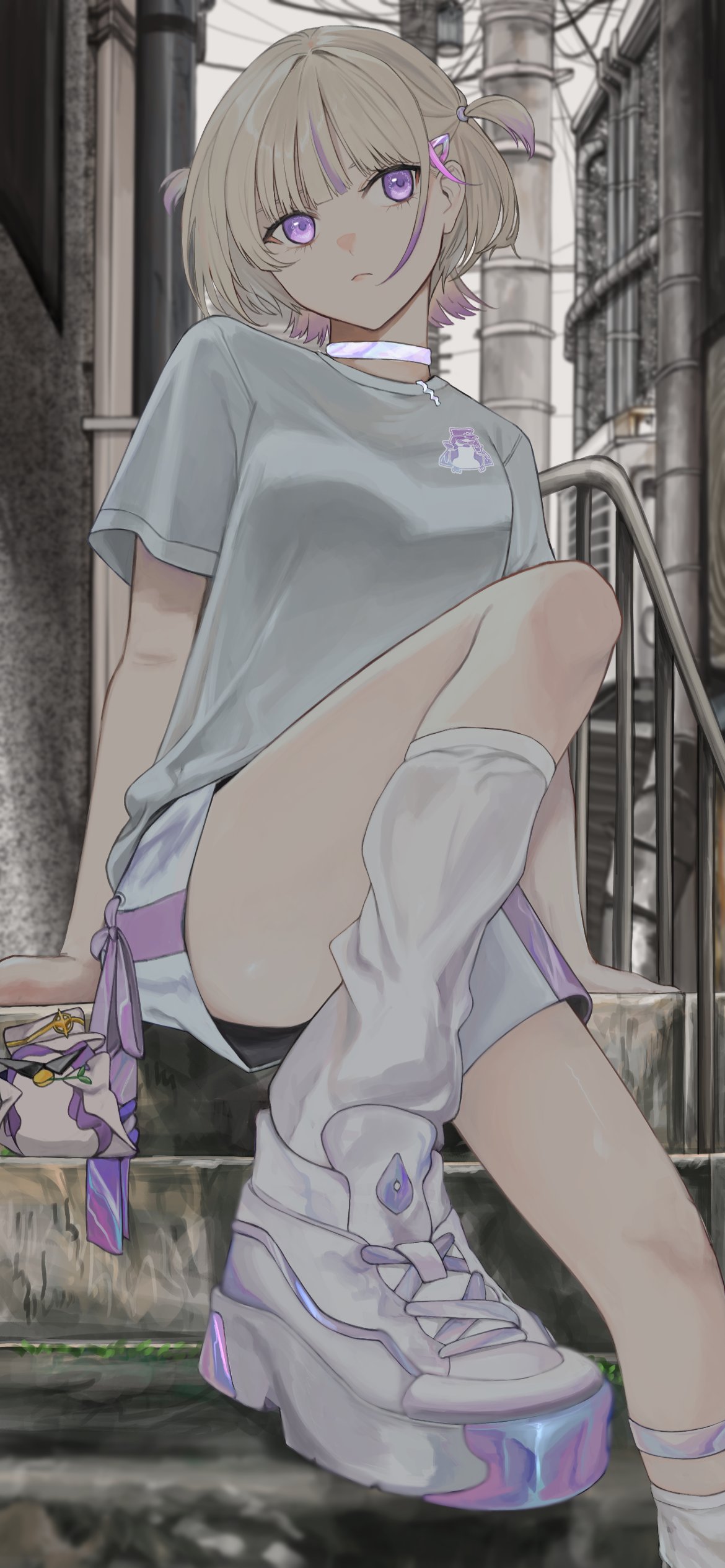 1girl, absurdres, alley, banpen_(todoroki_hajime), blonde_hair, blurry, blurry_background, choker