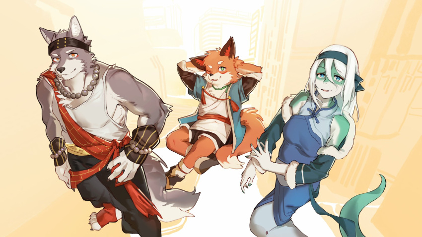 1girl, 2boys, animal_ears, arms_behind_head, bead_necklace, beads, black_headband, blue_headband