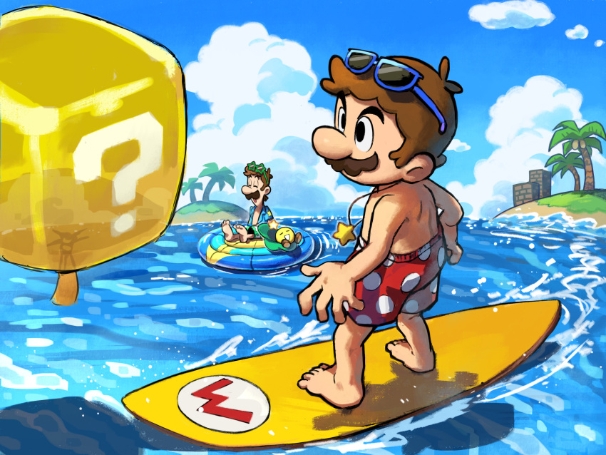 2boys, ?_block, alternate_costume, blue-framed_eyewear, blue_shirt, brothers, brown_hair, closed_eyes, clouds, cumulonimbus_cloud, day, eyewear_on_head, facial_hair, green-framed_eyewear, green_shorts, highres, innertube, jewelry, luigi, male_focus, mario, mario_&amp;_luigi_rpg, mario_(boxer_shorts), masanori_sato_(style), multiple_boys, mustache, necklace, open_clothes, open_mouth, open_shirt, outdoors, palm_tree, polka_dot, polka_dot_shorts, red_shorts, shirt, short_hair, shorts, siblings, sitting, solo_focus, standing, star-shaped_eyewear, star_(symbol), star_necklace, starlow, sunglasses, super_mario_bros., surfboard, swim_ring, topless_male, tree, water, yamari_(ya_mari_6363)