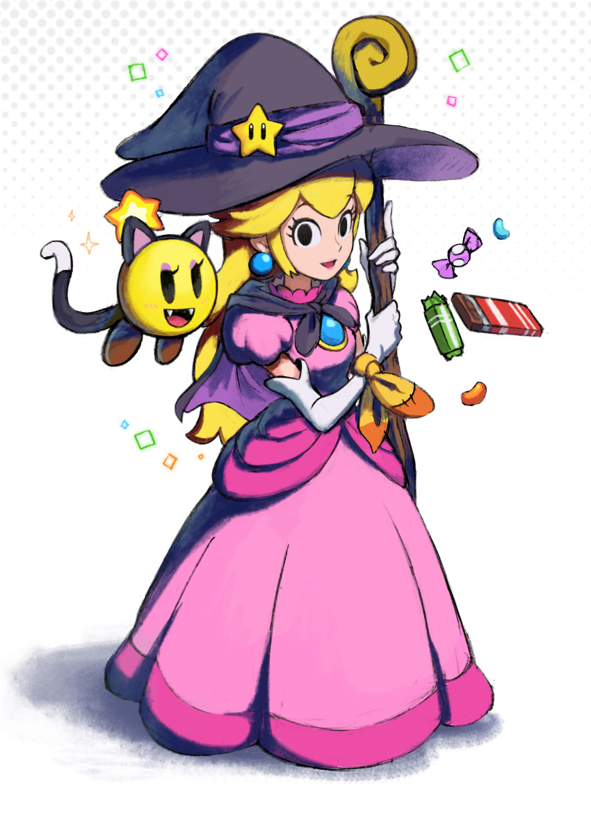 1girl, black_eyes, blonde_hair, candy, dress, earrings, food, halloween