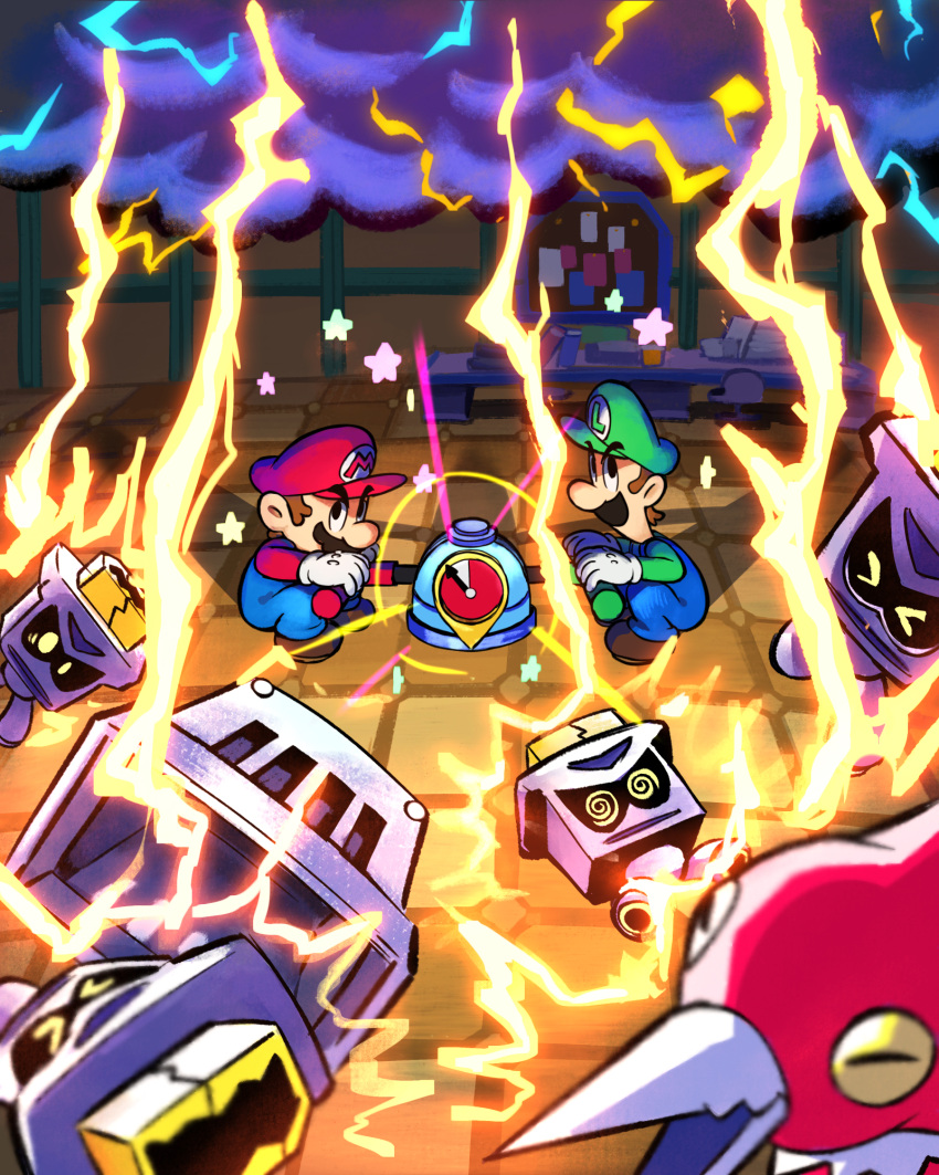 2boys, blue_overalls, brothers, brown_hair, facial_hair, gloves, green_hat, green_shirt