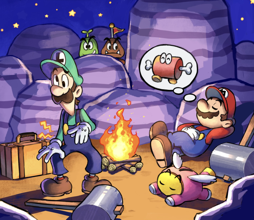 2boys, 3others, beanie_(mario), blue_overalls, brothers, campfire, electrical_outlet, facial_hair