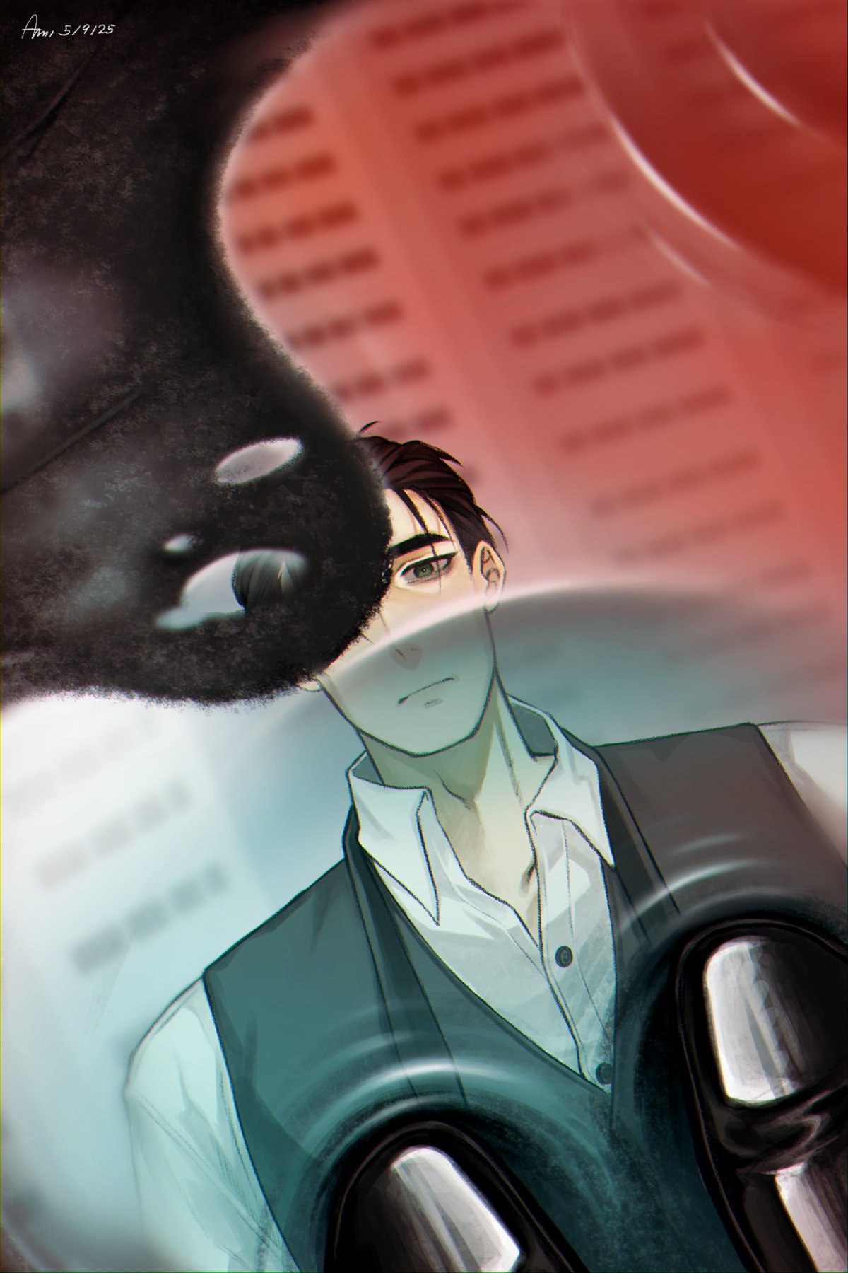 1boy, amithesmolsatan, black_hair, black_jacket, black_shoes, building, buttons, expressionless