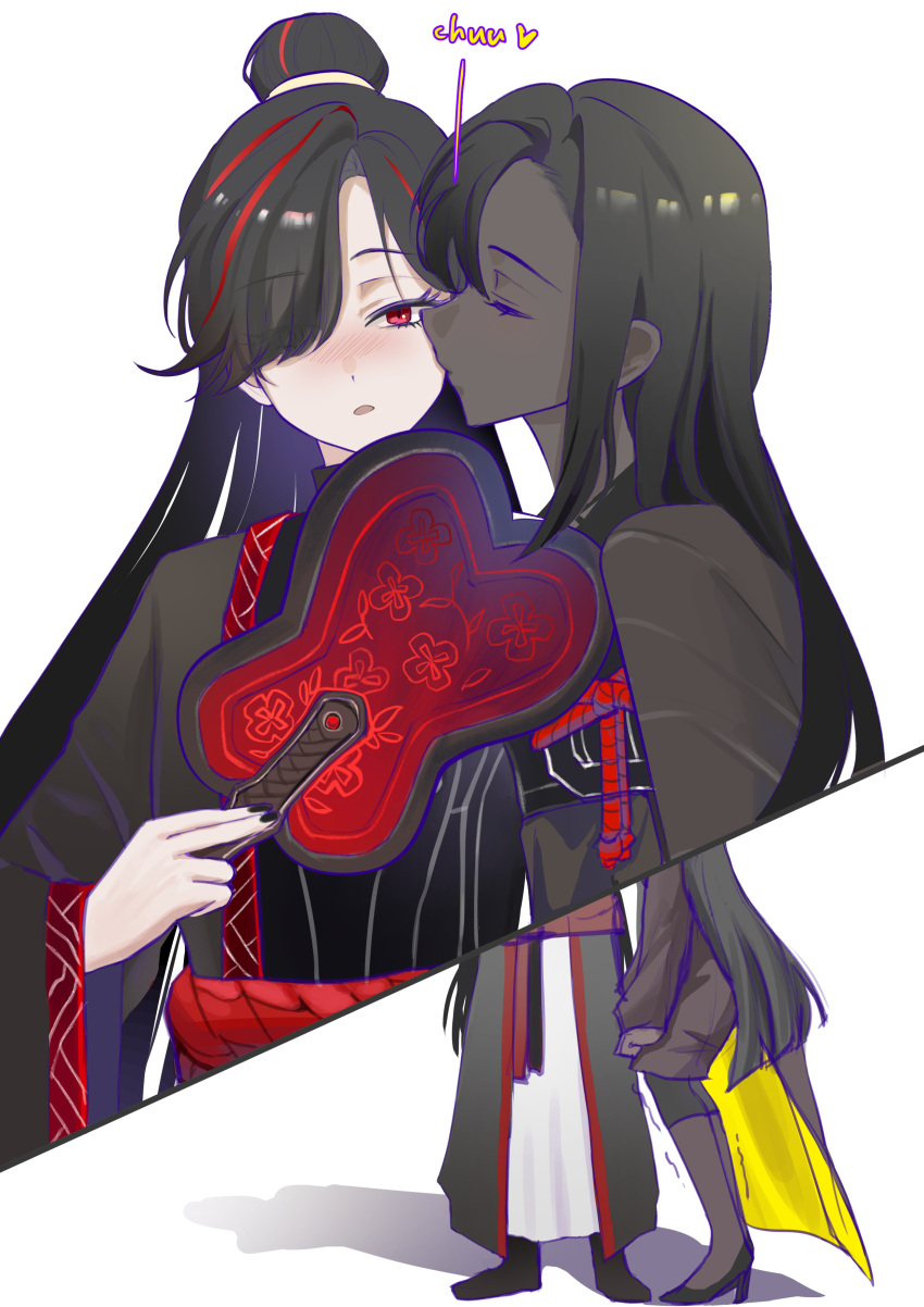 2girls, absurdres, black_hair, blush, chinese_clothes, dark-skinned_female, dark_skin, hair_bun