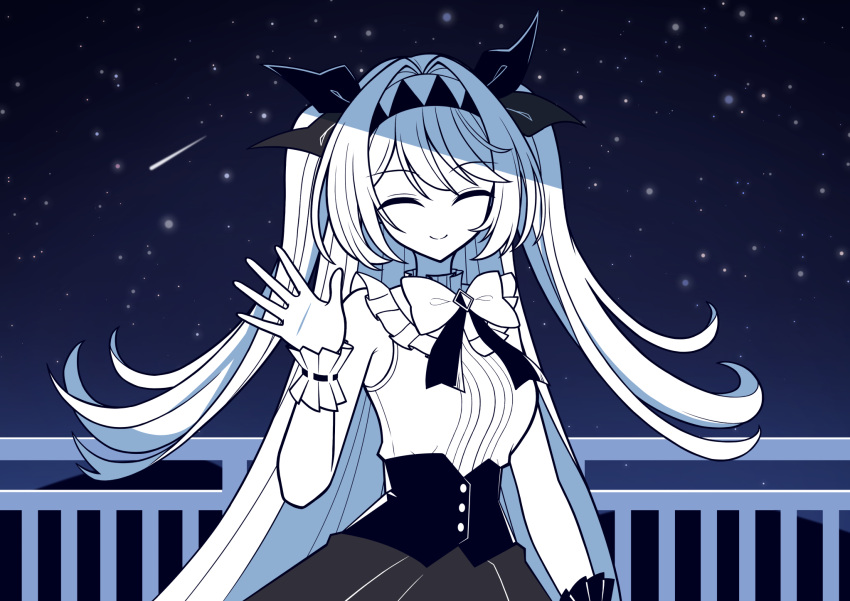 1girl, bare_shoulders, black_bow, bow, bowtie, closed_eyes, closed_mouth, commentary