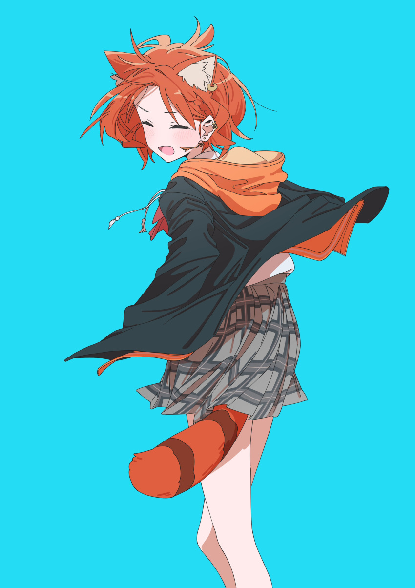 1girl, :d, absurdres, animal_ear_fluff, animal_ear_piercing, animal_ears, blue_background, blush