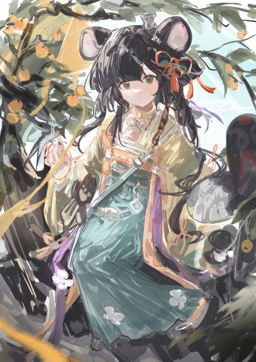 1girl, :o, absurdres, animal_ears, animal_on_head, animal_on_lap, aqua_dress, arknights