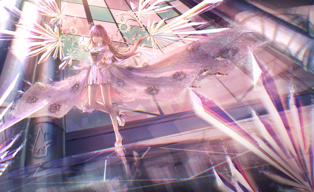 1girl, :o, bare_legs, bare_shoulders, brown_eyes, crack, cracked_floor, crown