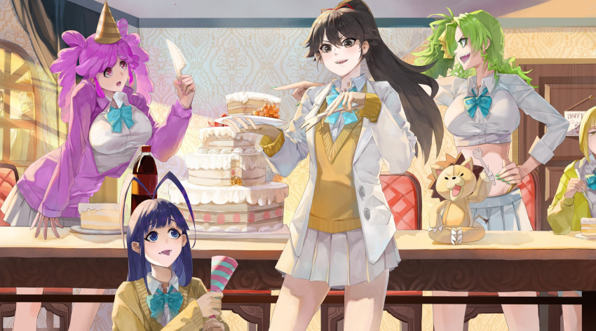 3boys, 4girls, :d, alternate_costume, alternate_hairstyle, antenna_hair, aqua_bow, aqua_bowtie