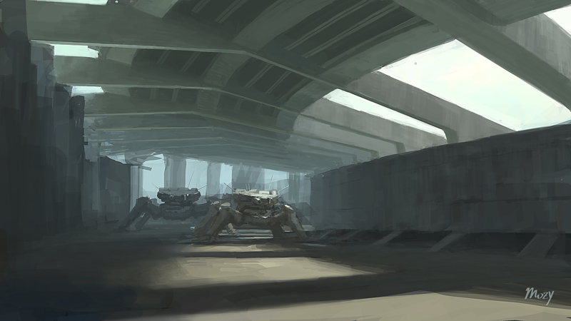 cannon, highway, mecha, mozuo, no_humans, original, sky, walker