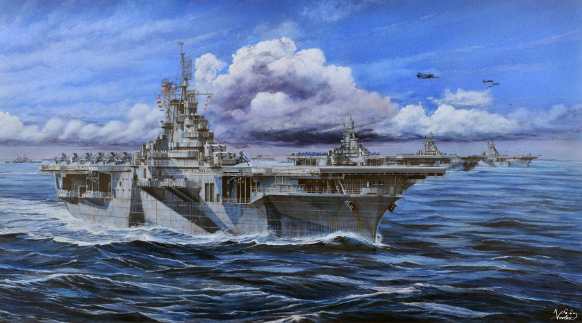 absurdres, aircraft, aircraft_carrier, airplane, american_flag, anti-aircraft_gun, blue_sky, cannon