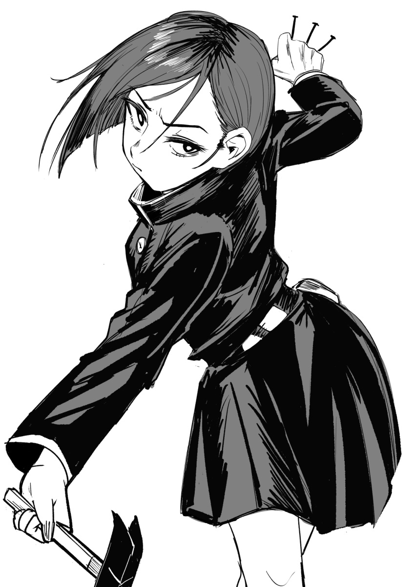 1girl, belt, claw_hammer, gakuran, greyscale, hammer, high_collar, highres