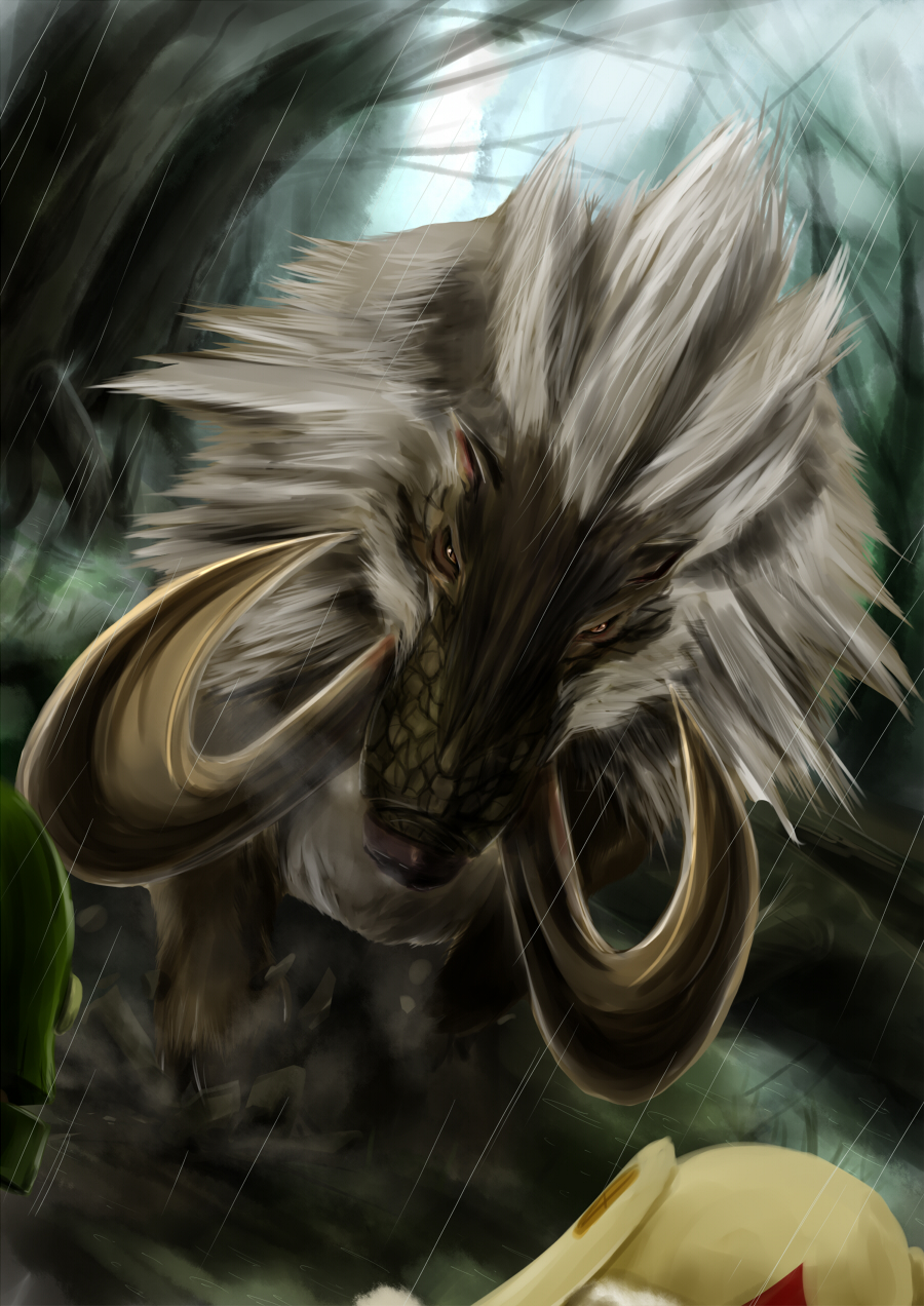 boar, brown_eyes, bulldrome, felyne, forest, helmet, highres, monster_hunter