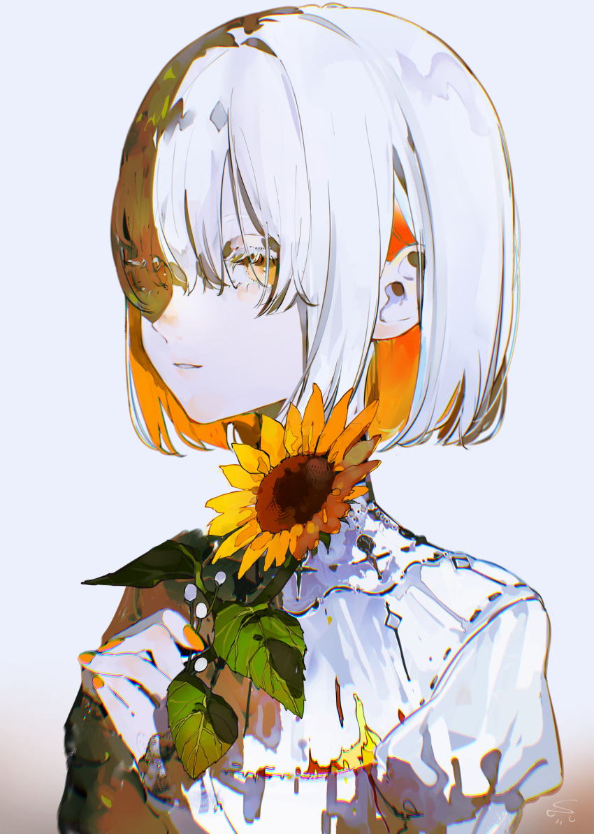 1girl, colored_eyelashes, colored_inner_hair, dress, flower, hair_between_eyes, high_collar, highres, holding, holding_flower, leaf, long_sleeves, looking_at_viewer, multicolored_hair, nail_polish, orange_eyes, orange_hair, orange_nails, original, short_hair, signature, solo, sunflower, syokumura, two-tone_hair, white_background, white_dress, white_hair, yellow_flower