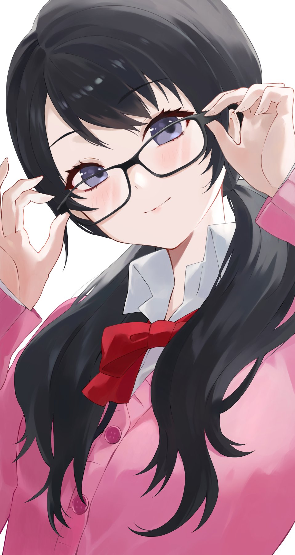 1girl, adjusting_eyewear, black-framed_eyewear, black_hair, blush, bow, bowtie, buttons