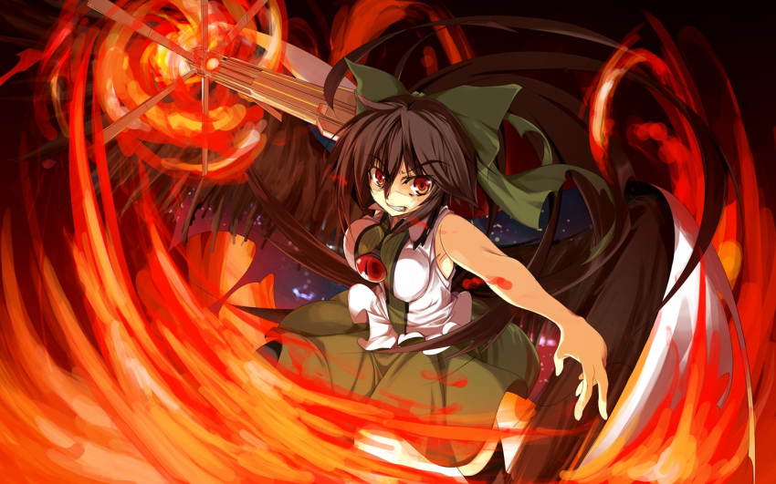 black_hair, bow, brown_eyes, fire, long_hair, nasudora, reiuji_utsuho, touhou