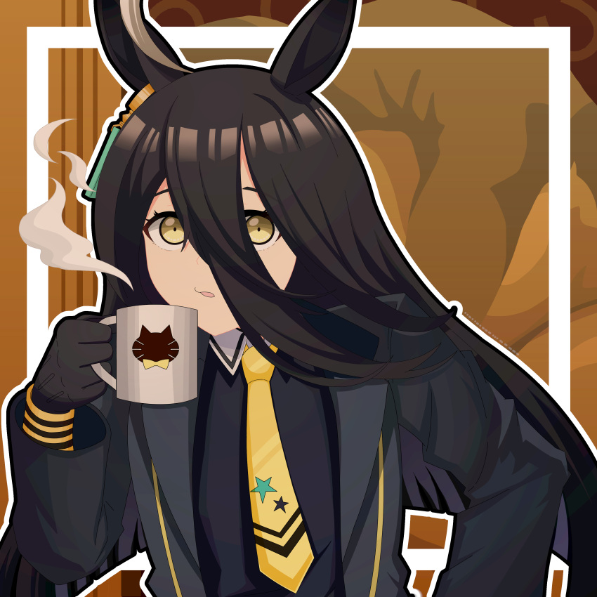 1girl, absurdres, animal_ears, animal_print, black_choker, black_gloves, black_hair, black_shirt