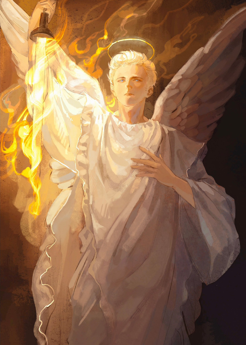 1boy, angel, angel_wings, aziraphale_(good_omens), blue_eyes, fire, good_omens, halo