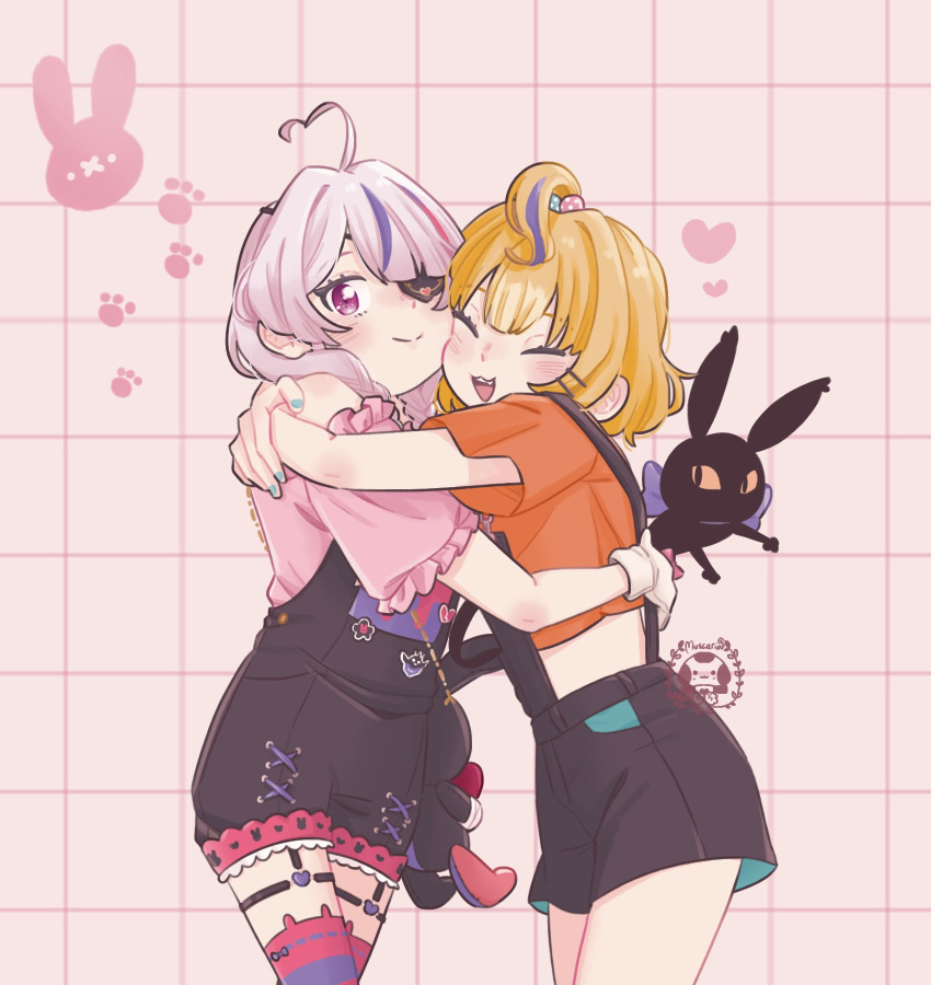 2girls, :d, ahoge, aqua_nails, artist_name, beads, blush, closed_eyes