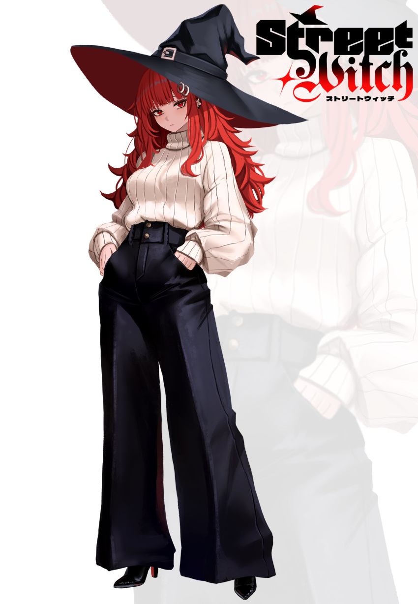 1girl, black_hat, blunt_bangs, breasts, commentary, ear_piercing, earrings, english_commentary