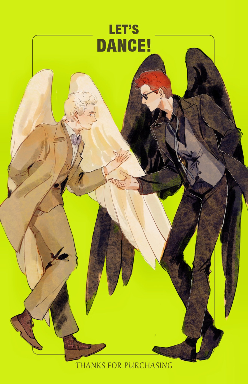 2boys, angel, angel_and_devil, angel_wings, aziraphale_(good_omens), black_suit, crowley_(good_omens), demon_boy